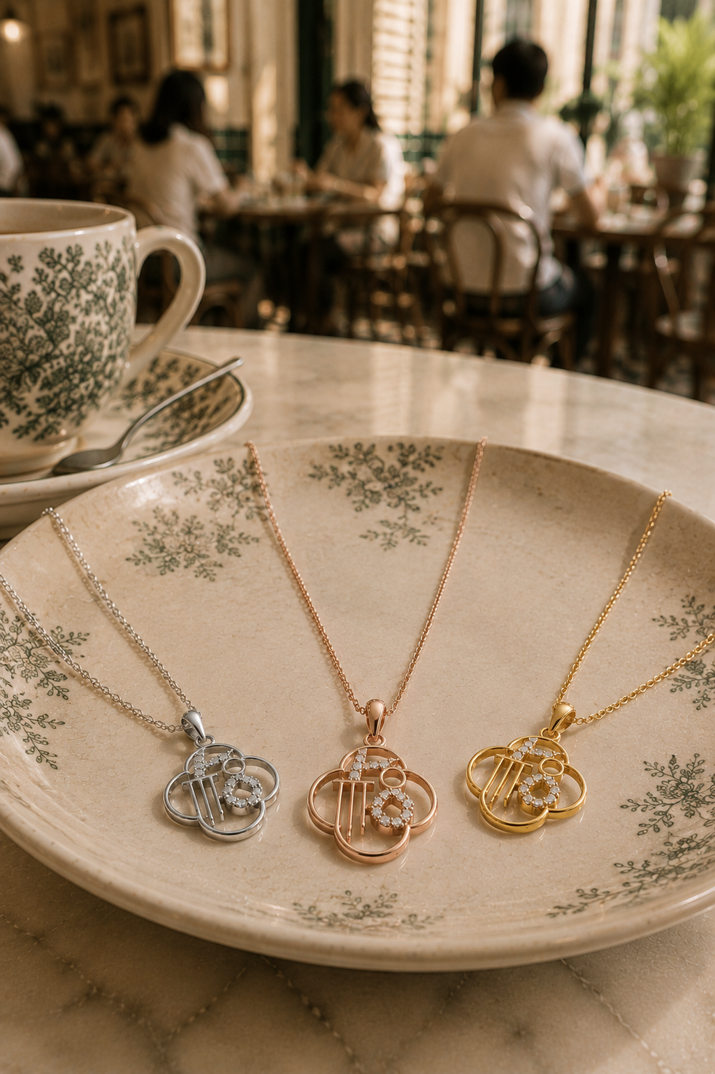 Three dainty necklaces displayed on a vintage plate