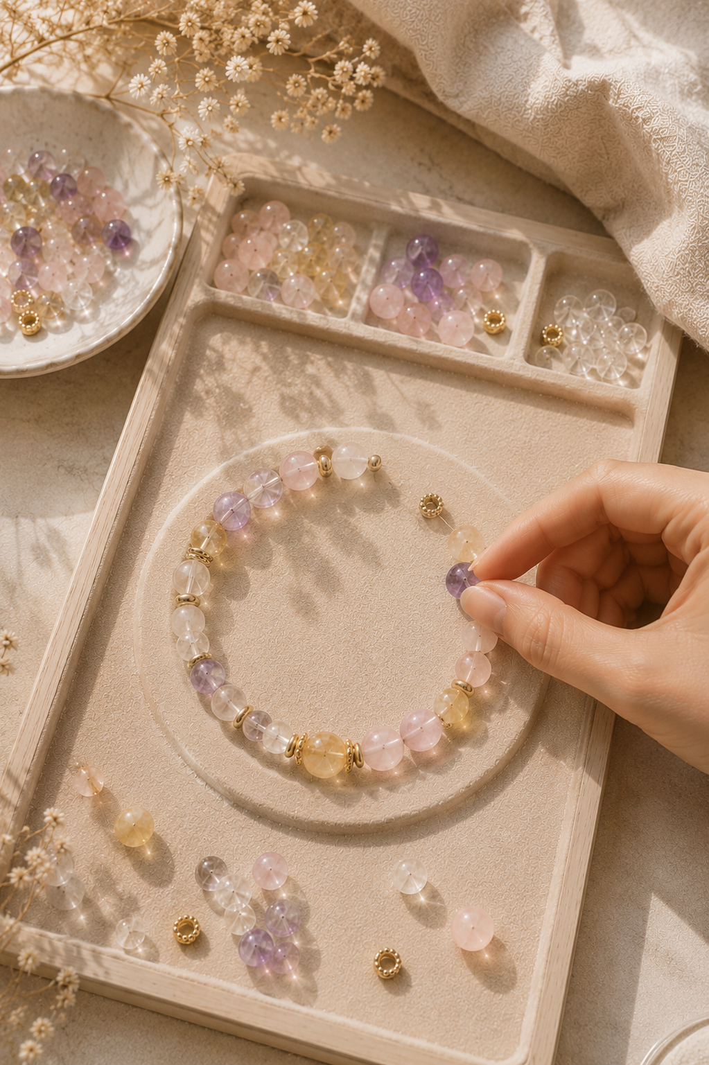 Hand assembling a pastel crystal bracelet